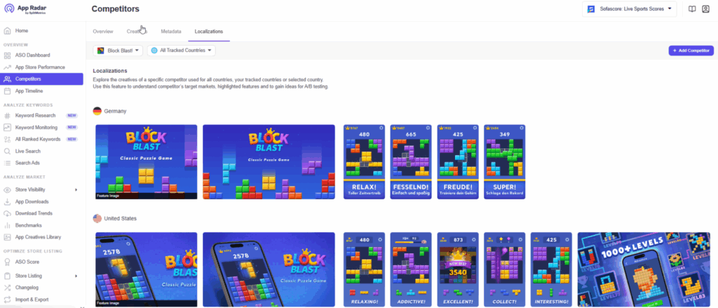App Radar's enables to preview app localizations for competitors, on Google Play and the App Store - a screenshot