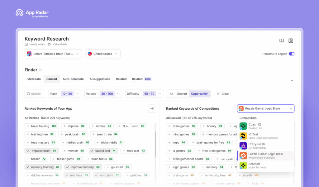 Keyword Research in App Radar