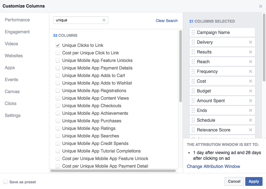 Unique Clicks to Link from Facebook Ads
