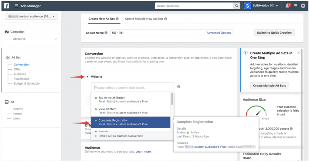 Facebook events in SplitMetrics experiments