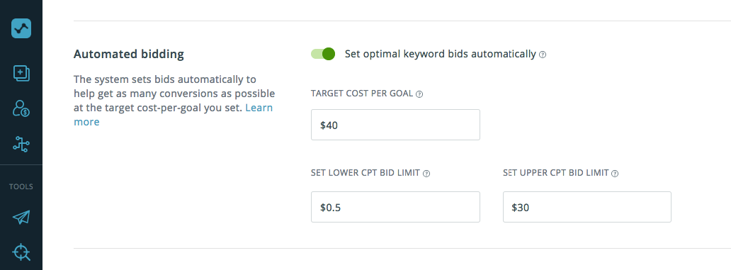 settings of SearchAdsHQ automated bidder