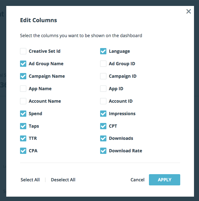 SearchAdsHQ dashboard columns customization