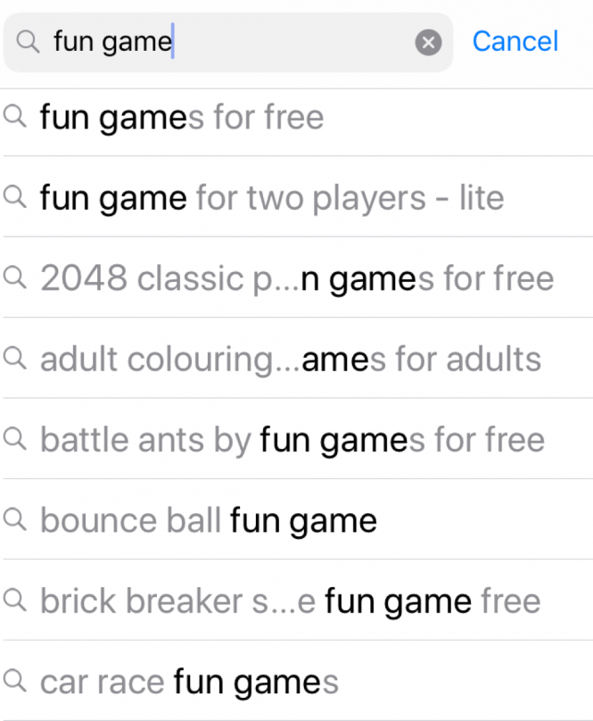Search suggestions from the Search tab on the App Store. Source: App Store.