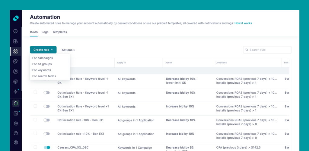 SplitMetrics Acquire, automation rule creation panel