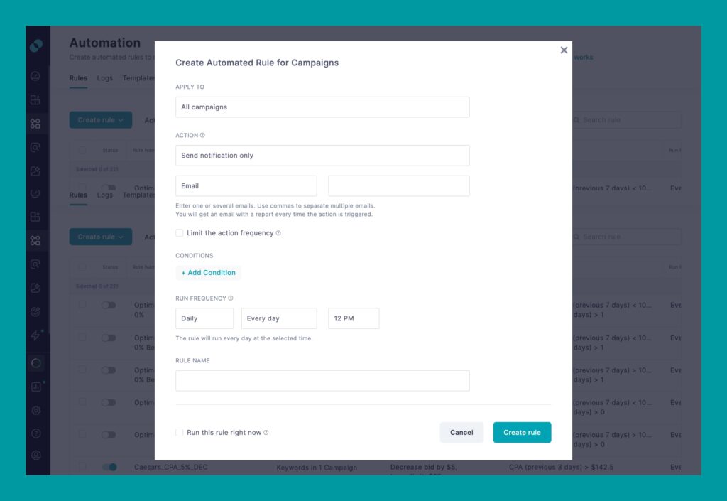 Rule creation popup window in SplitMetrics Acquire