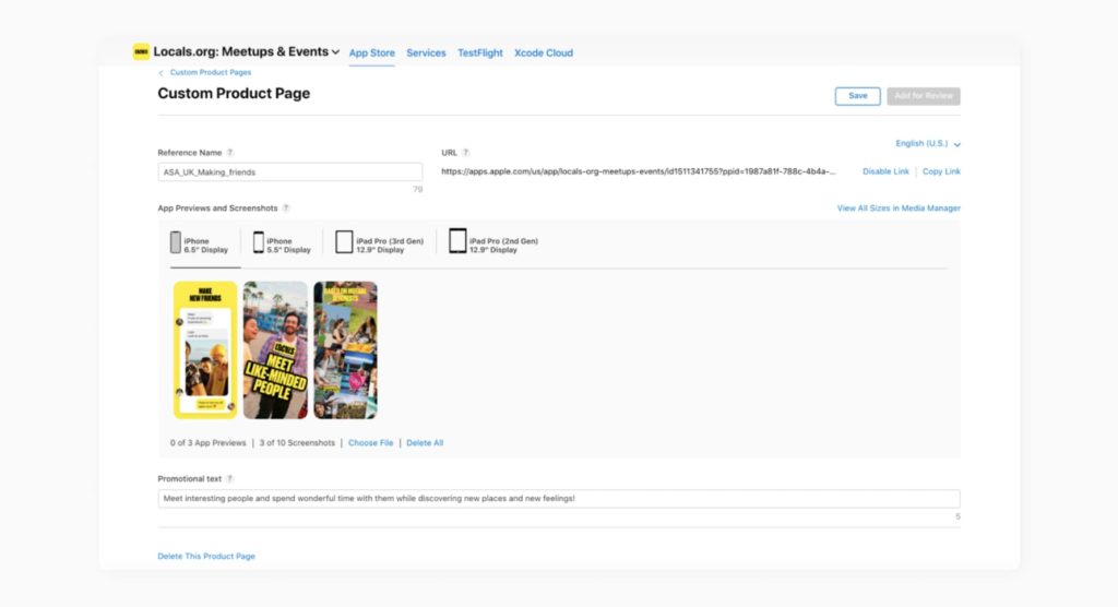 A screenshot from App Store Connect, preview of a custom product page.