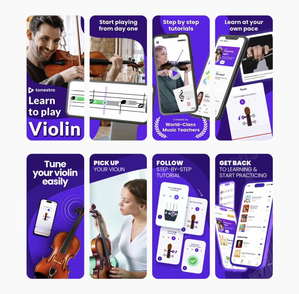 Screenshots of the app tonestro, showcasing two main features: violin lessons and violin tuning. Possible with custom product pages.