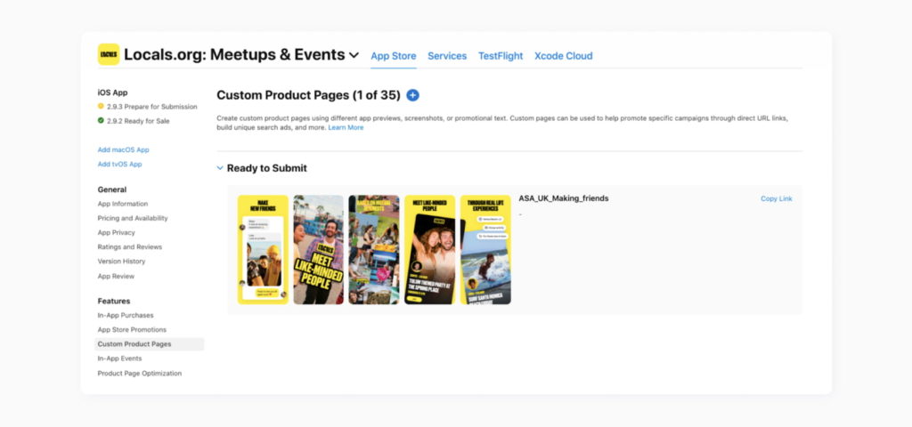 A screenshot from App Store Connect, showing custom product pages ready to be submitted.