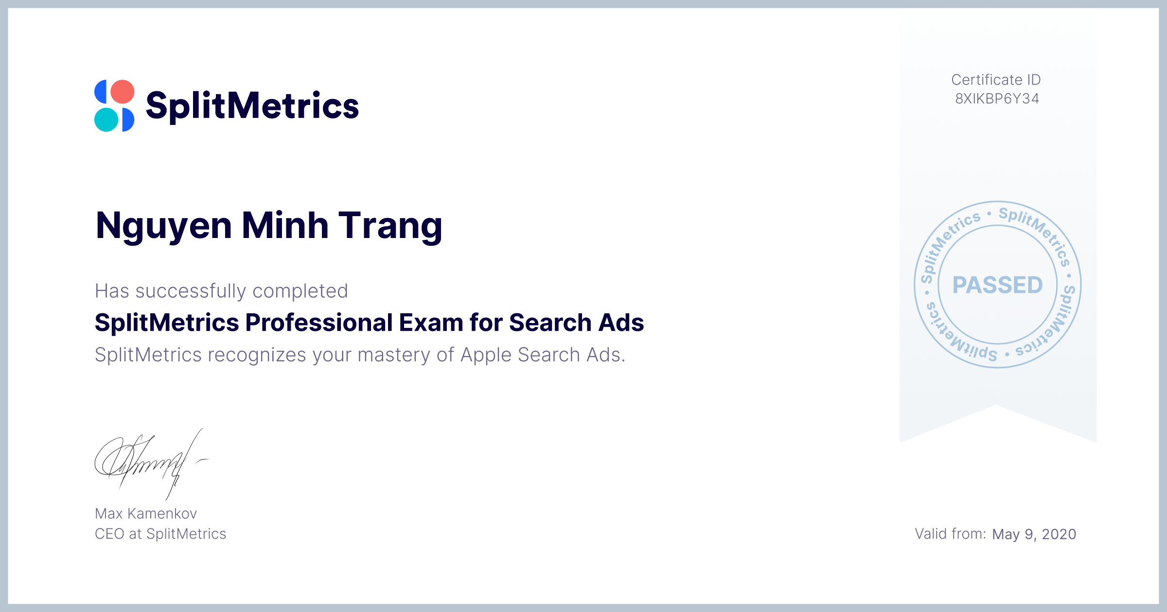 Certificate for Nguyen Minh Trang | SplitMetrics Professional Exam for Search Ads