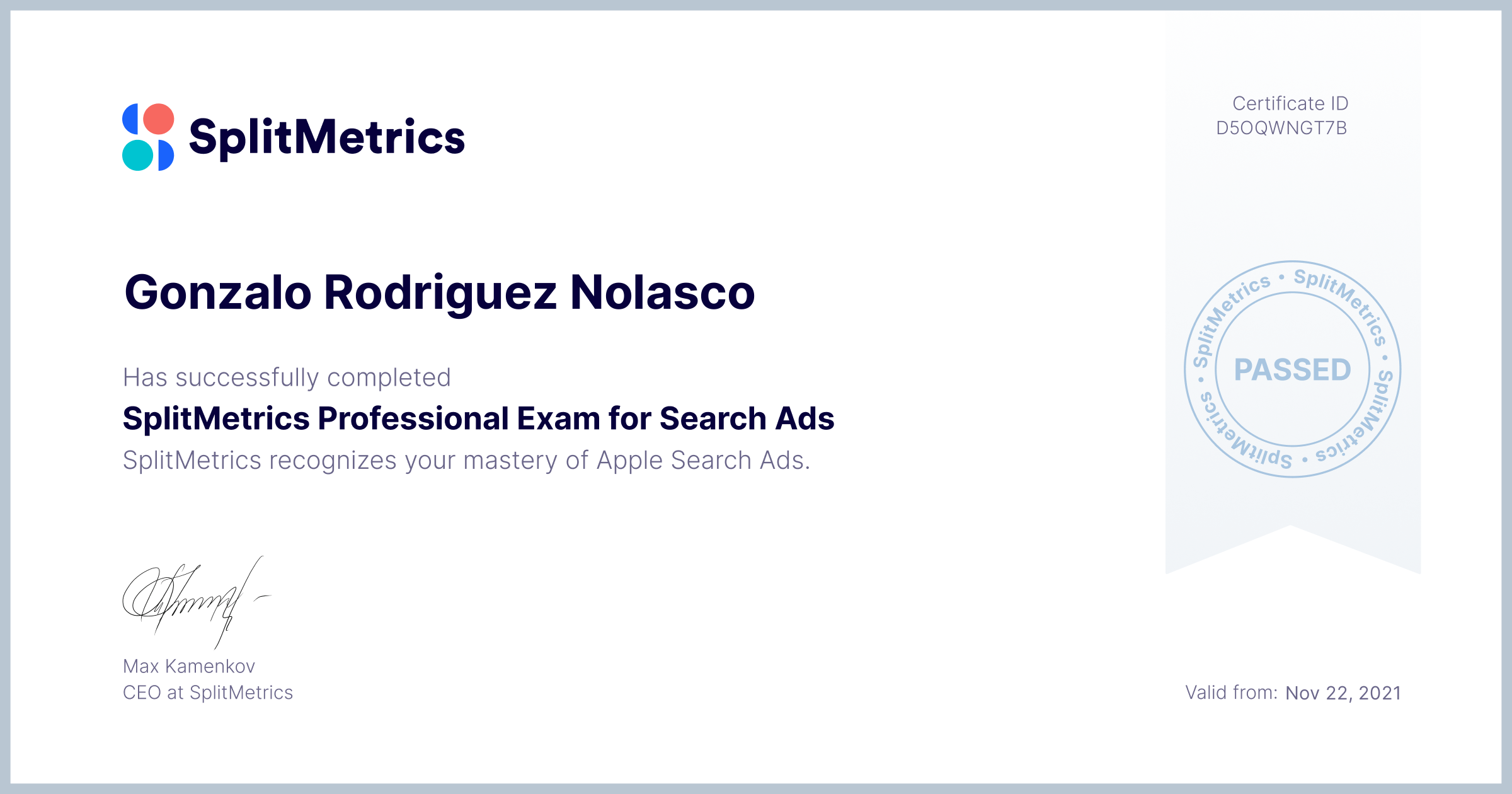 Certificate for Gonzalo Rodriguez Nolasco | SplitMetrics Professional Exam for Search Ads
