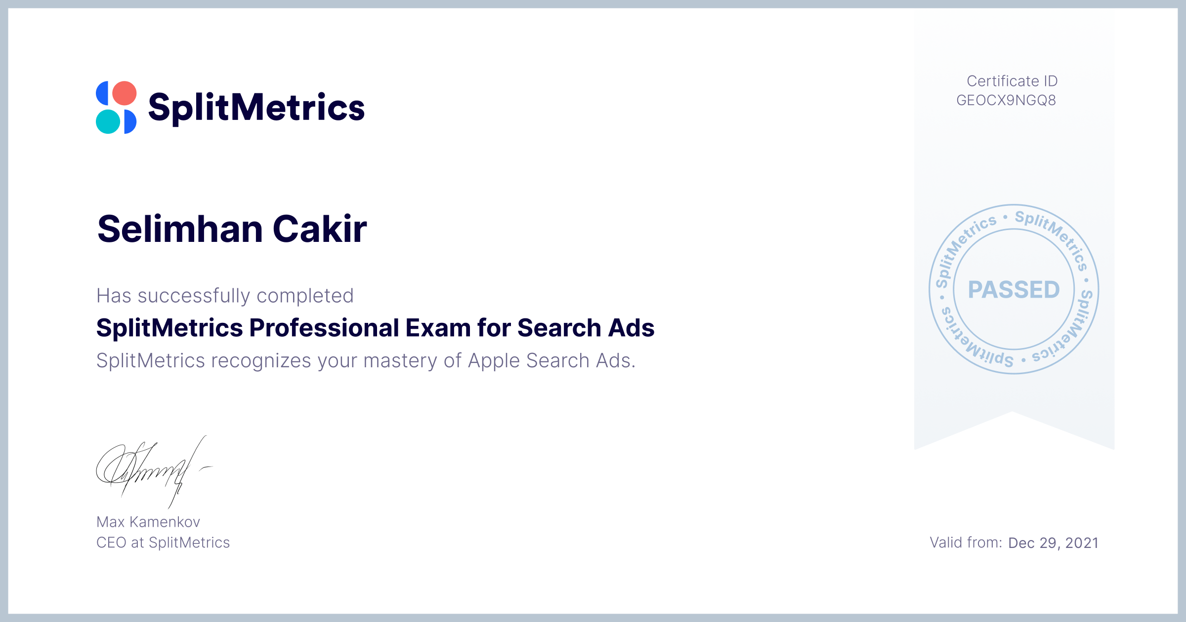 Certificate for Selimhan Cakir | SplitMetrics Professional Exam for Search Ads