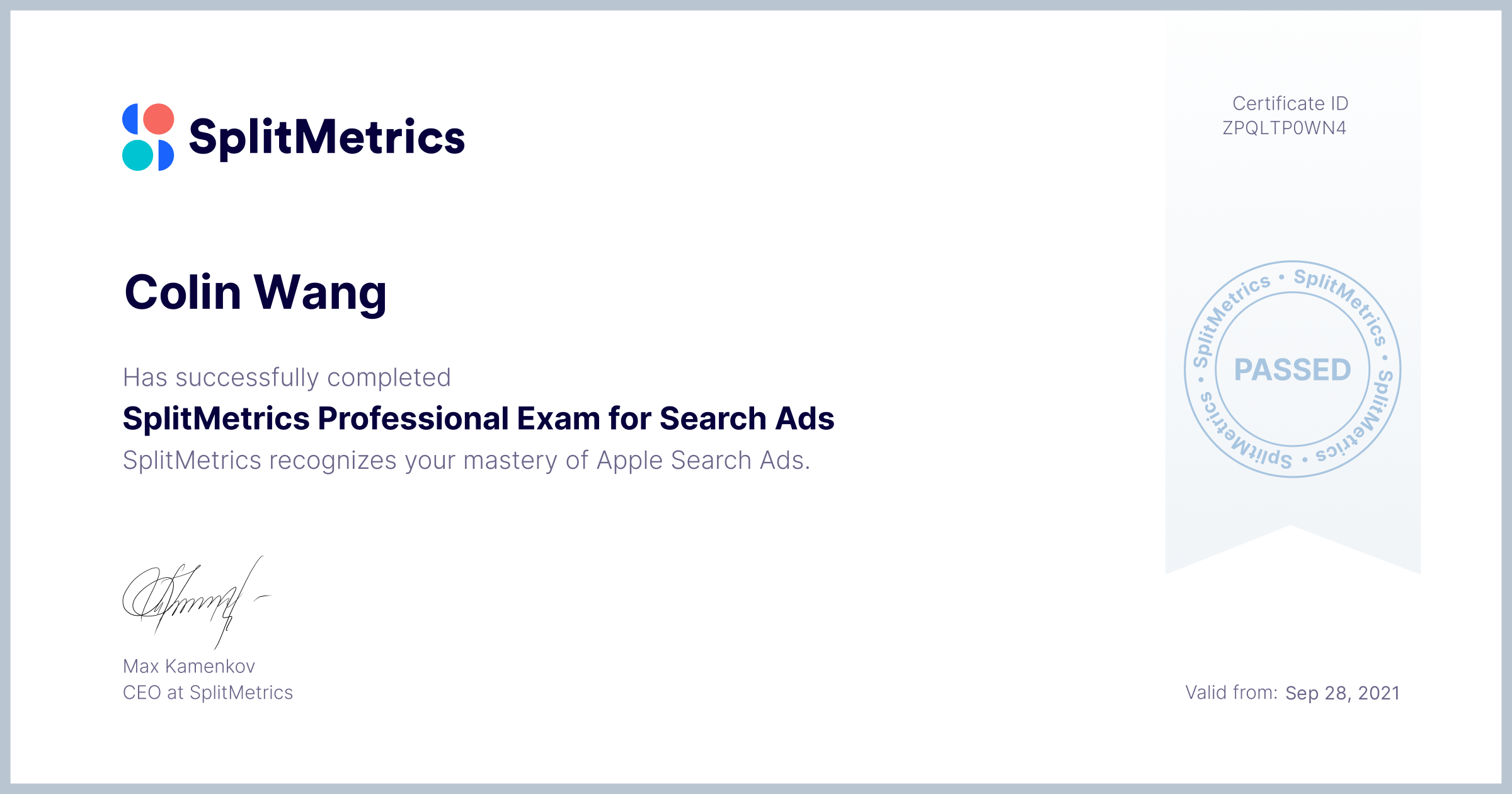 Certificate for Colin Wang | SplitMetrics Professional Exam for Search Ads