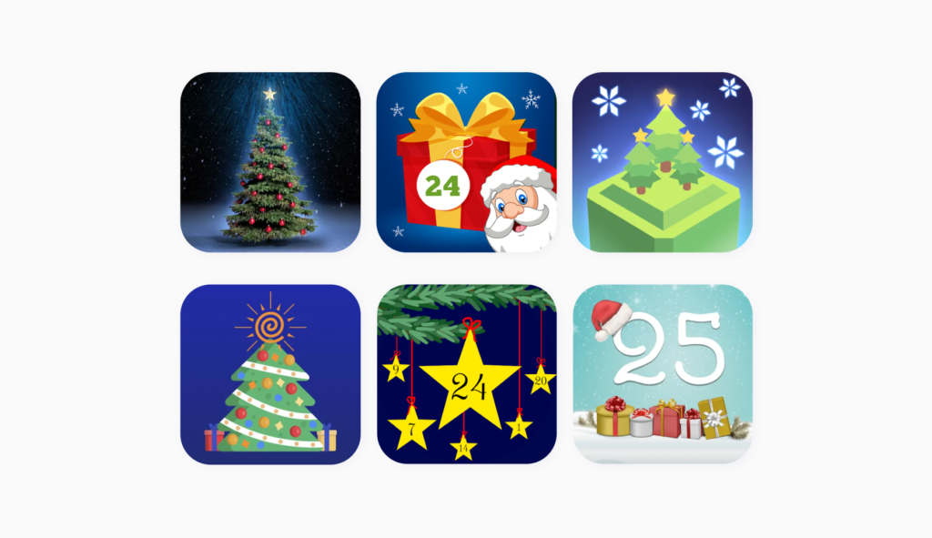 A collage of blue Christmas app icons.