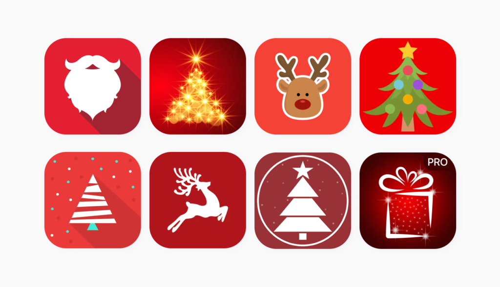 A collage of red Christmas app icons, showing popular designs and imagery.