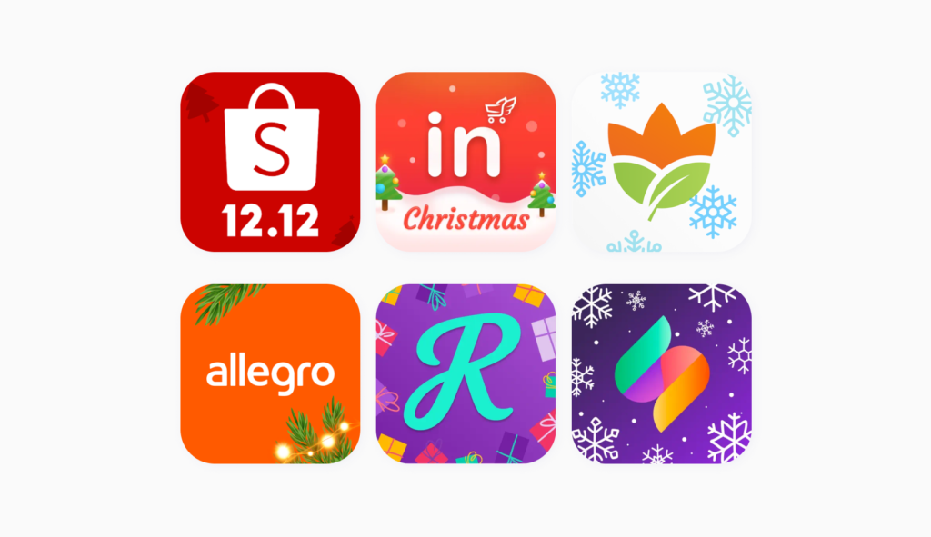 A collage of six shopping apps with Christmas updates, including Allegro and more.