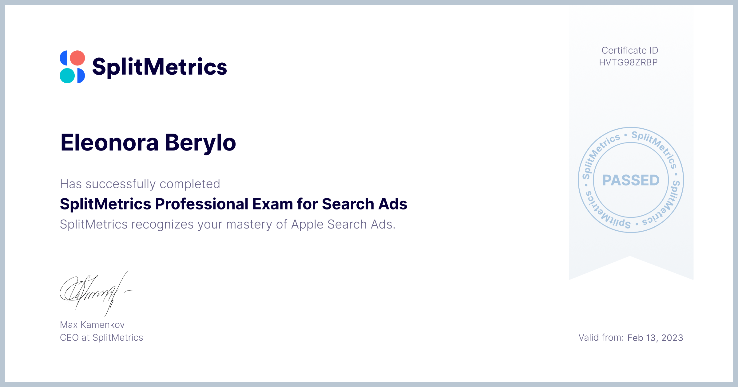 Certificate for Eleonora Berylo | SplitMetrics Professional Exam for Search Ads
