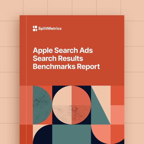 Cover of Apple Search Ads Search Results Benchmarks report, on a square background
