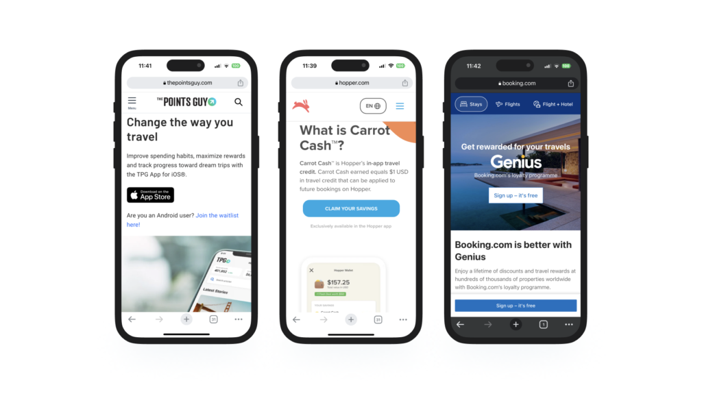 Screenshots of Travel apps, showing their loyalty programs