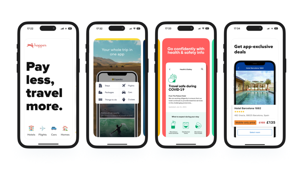 A collection of four screenshots from top travel apps showing their catchphrases and functionalities. Hopper, Expedia, Tripadvisor, Booking.com