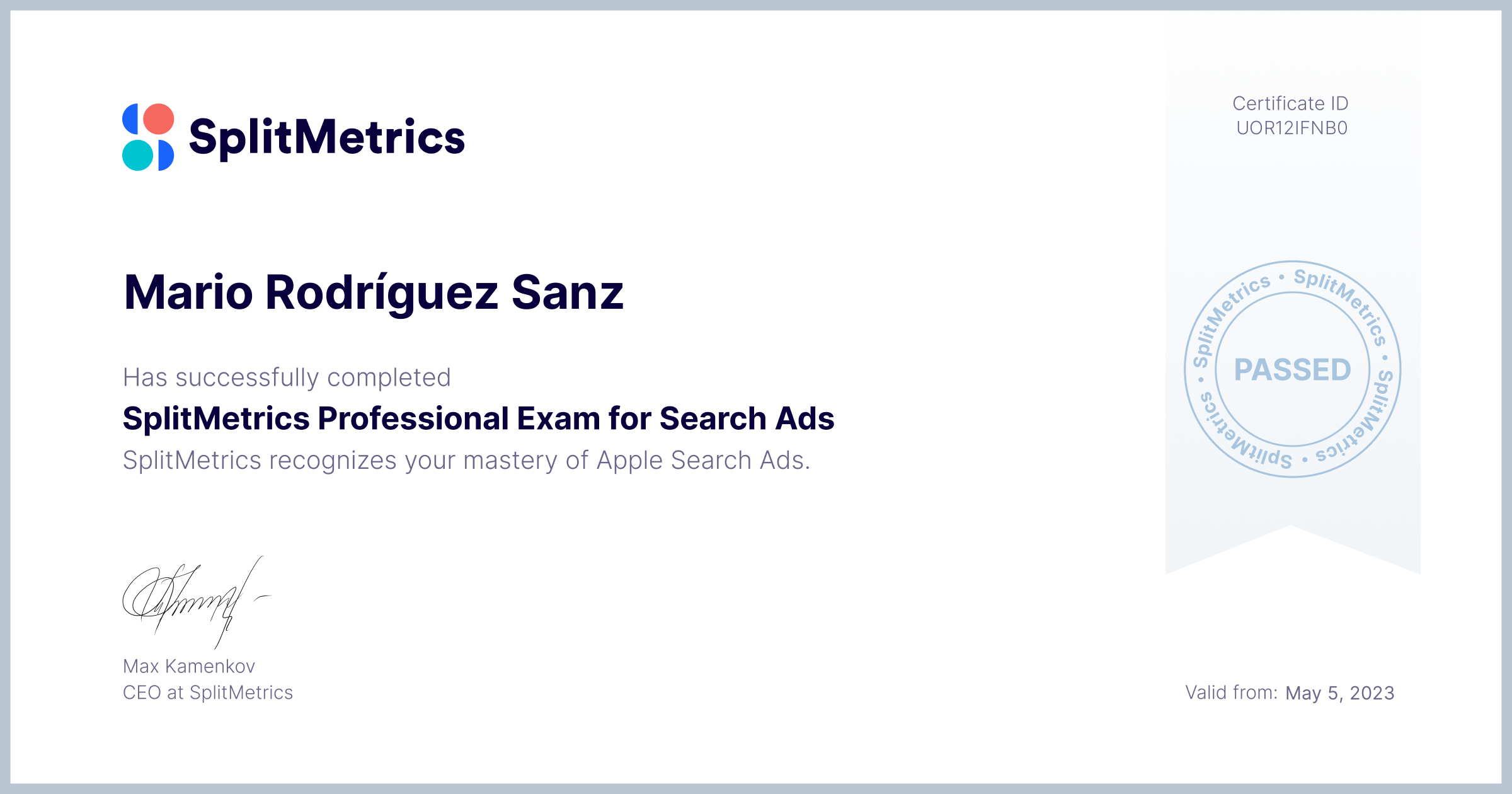 Certificate for Mario Rodríguez Sanz | SplitMetrics Professional Exam for Search Ads