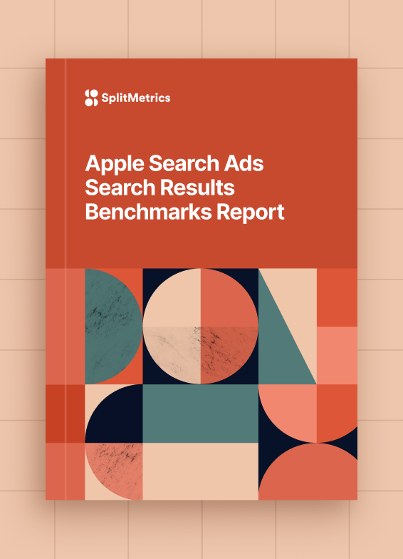 The cover of Apple Search Ads Search Results Benchmarks Report by SplitMetrics