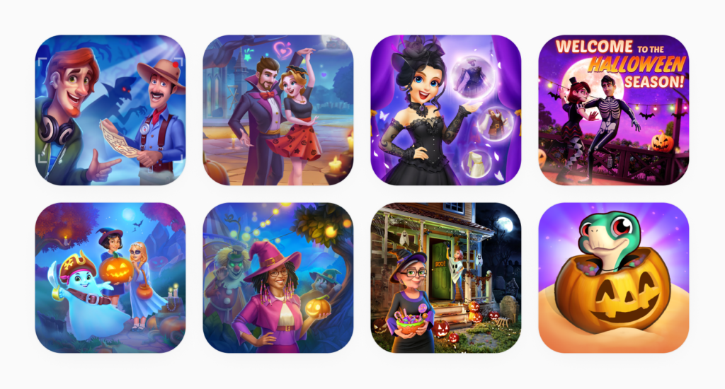Halloween imagery from the App Store. Icons & in-app events promo banners, gathered by SplitMetrics