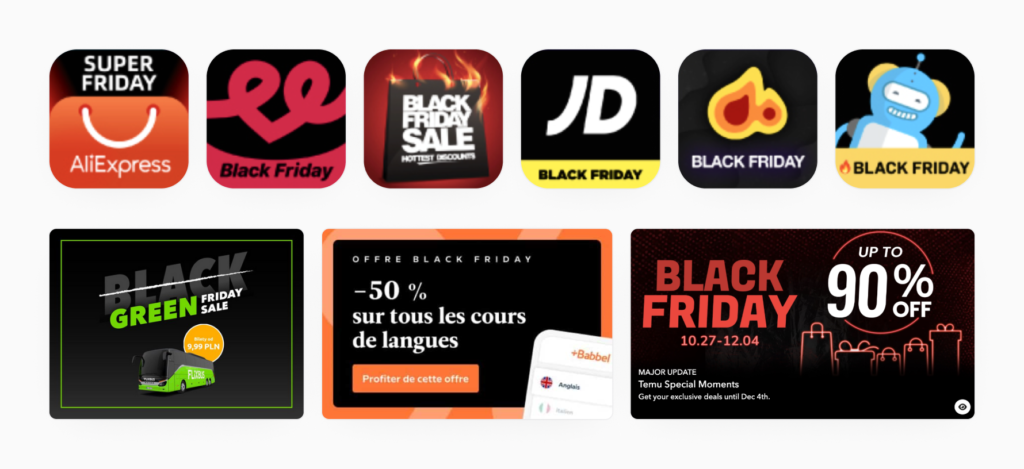 Black Friday on the App Store, a variety of promotional icons and banners gathered by SplitMetrics