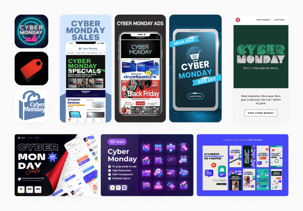 Cyber Monday on the App Store, a variety of promotional icons and banners gathered by SplitMetrics