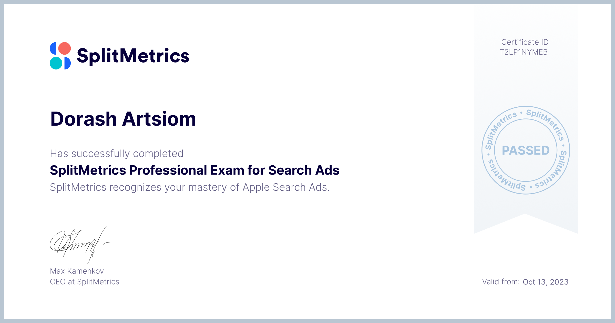 Certificate for Dorash Artsiom | SplitMetrics Professional Exam for Search Ads