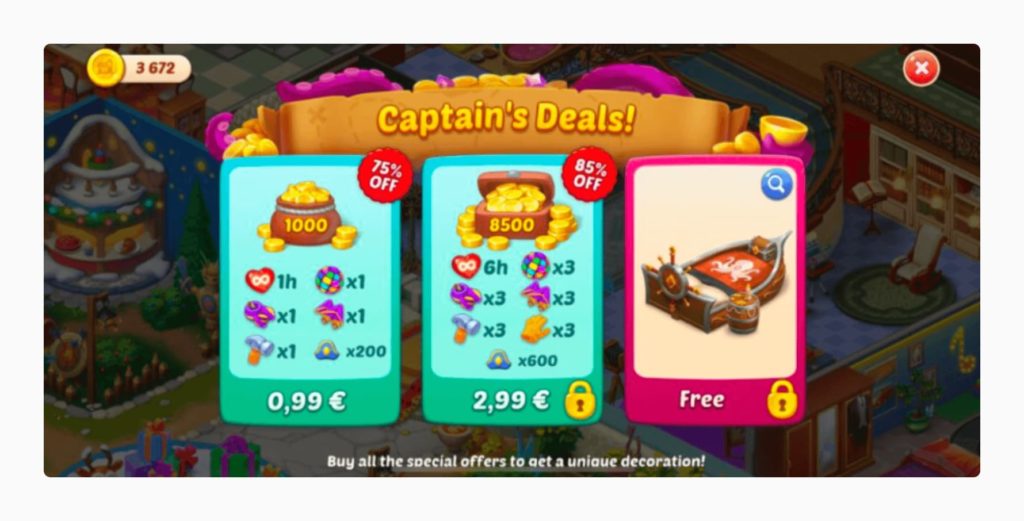 An example of chain deals in Homescapes by Playrix. You need to buy two offers for real money to unlock a free reward.