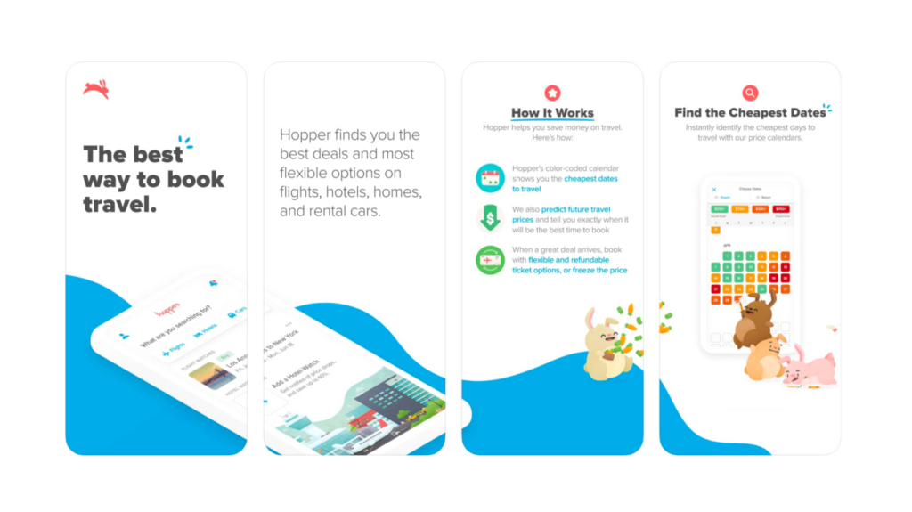 Screenshots of Hopper, taken from the Apple App Store, showcasing the brands messaging in 2024