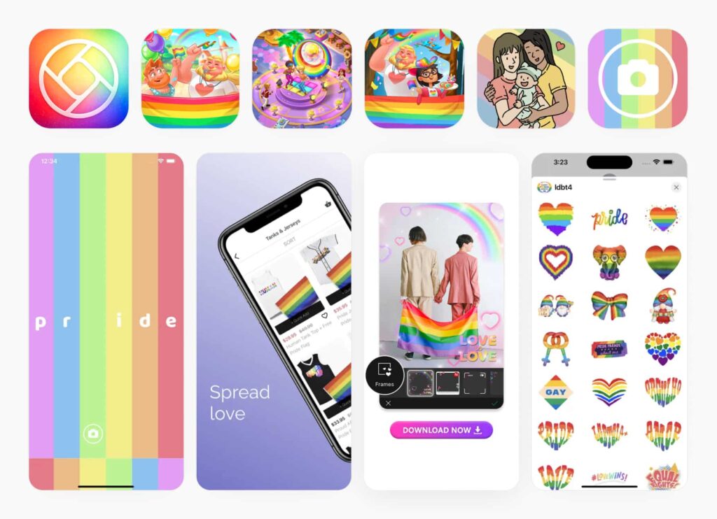A variety of promotional banners for in-app events created for Pride Month. Source: App Store.