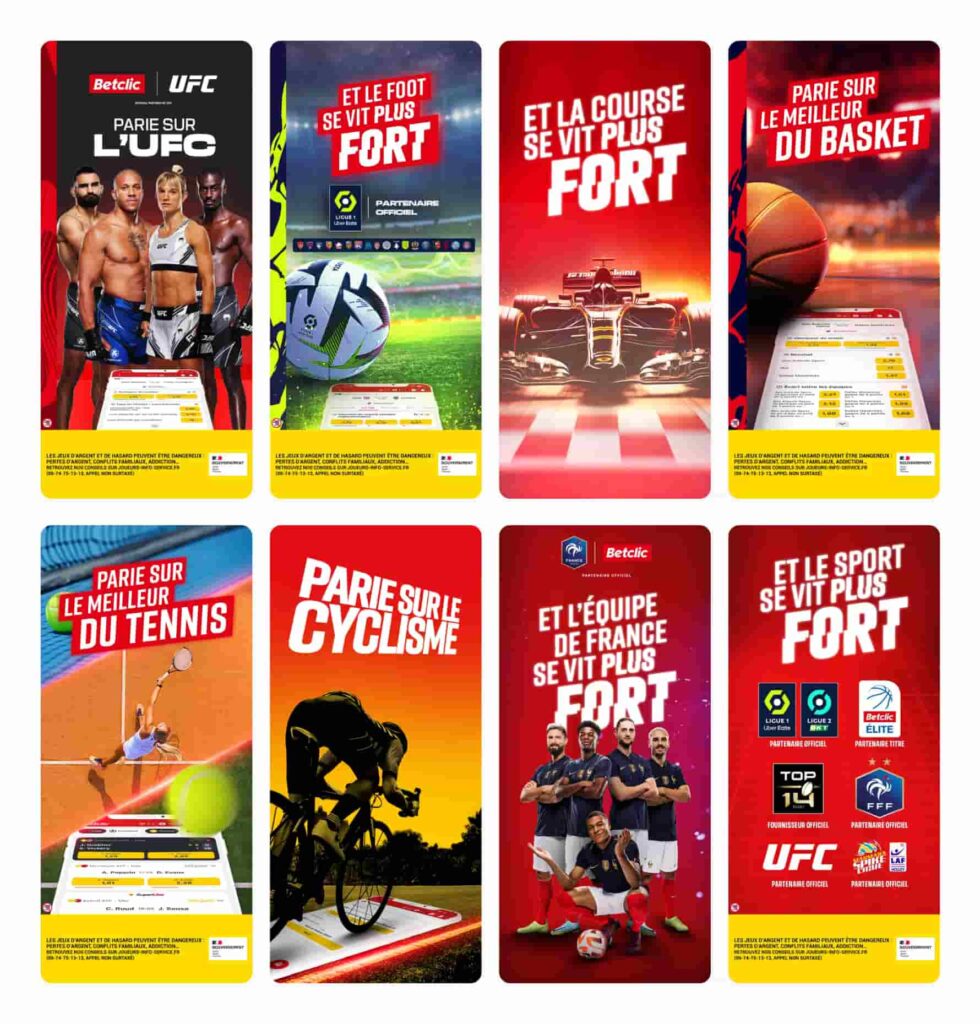 A collection of first screenshots utilized on various custom product pages by Betclic, a popular sports betting app in France, along with the default image (last one). Custom product pages help achieve relevance levels unattainable with a universal page. Images were acquired with SplitMetrics Acquire’s CPP Intelligence feature.