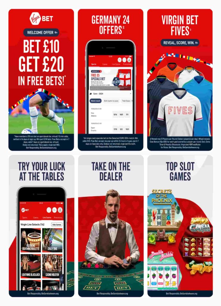 A collection of screenshots from a sports betting app. One variant targets footbal fans, the other of slots games.