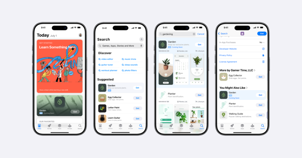 All four Apple Ads placements on the App Store, from left to right: Today tab ad, Search tab ad, search results ad, and product page ad