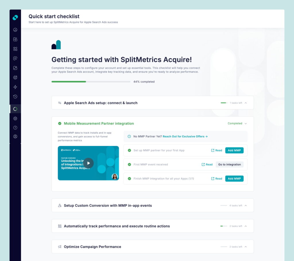 Quick Start checklist for new users in SplitMetrics Acquire Starter Plan.