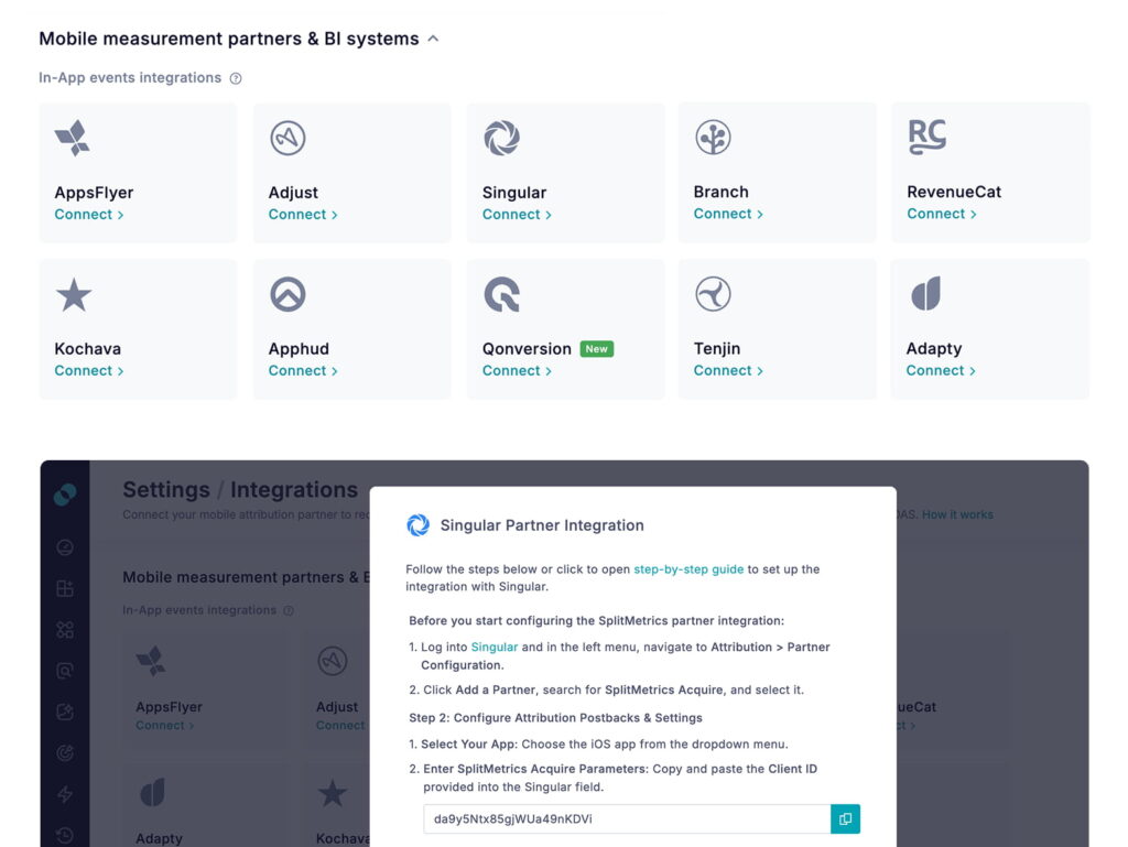 Collage of screens showing how easy MMP integration in SplitMetrics Acquire really is.