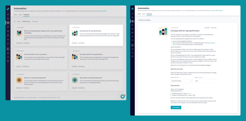 Automation templates from SplitMetrics Acquire.