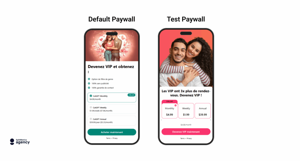 Paywall, default and variation for Beurteletchat app, for paywall optimization.