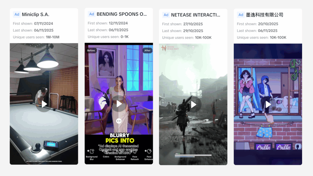 Sample ads on TikTok, taken from the Ad Library